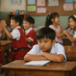 Anak inklusi usia 10 tahun di Malang duduk diam di kelas bersama teman-teman yang lebih muda.