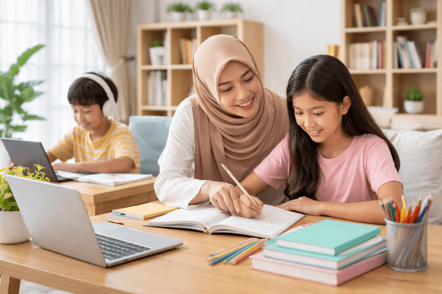 Guru privat mendampingi siswa belajar homeschooling di rumah dengan suasana nyaman di Jakarta.