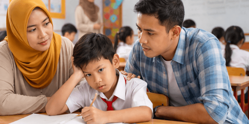 Orang tua Indonesia di Samarinda Kalimantan Timur mendampingi anak sekolah dasar yang kesulitan belajar di dalam kelas dengan banyak siswa.