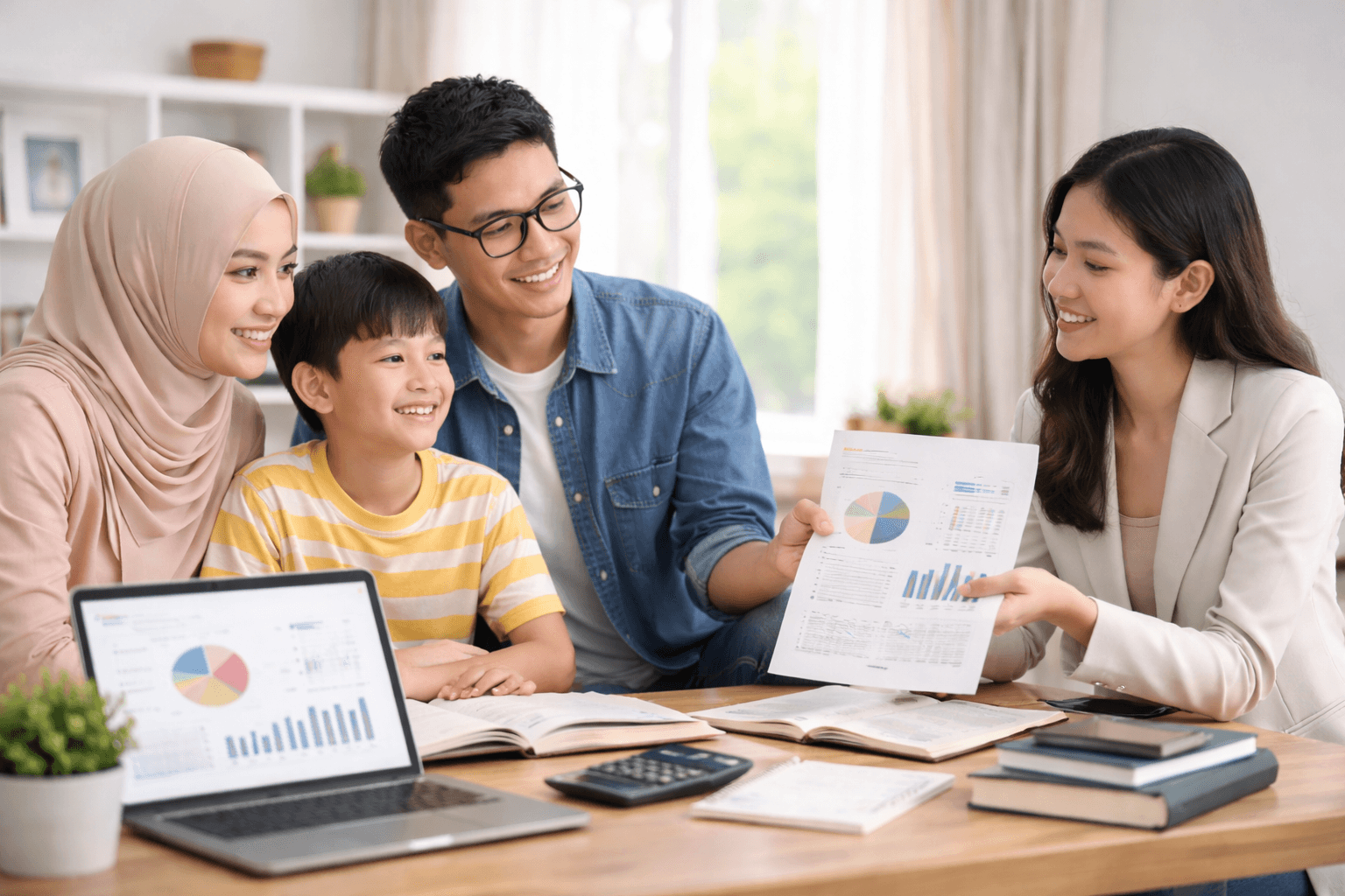 Orang tua berkonsultasi tentang program dan biaya homeschooling untuk anak dengan suasana diskusi pendidikan yang nyaman di rumah.