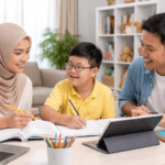 Orang tua mengajar anak belajar di rumah dalam program homeschooling mandiri yang aman dan nyaman di Malang