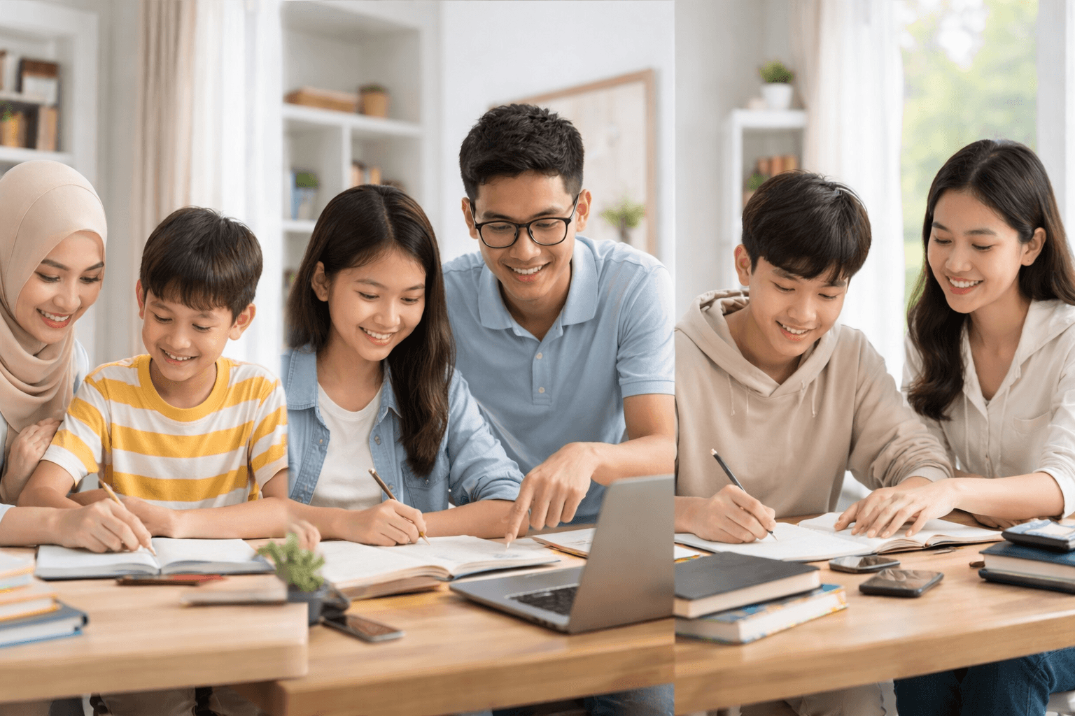 Siswa SD, SMP, dan SMA belajar homeschooling di rumah bersama guru pendamping dengan suasana belajar tenang dan fokus.